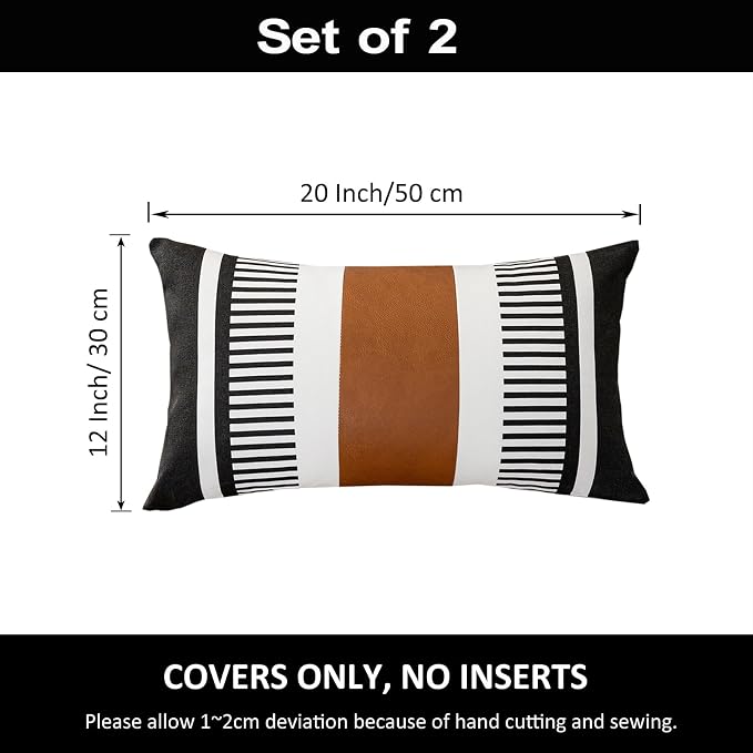 2 Pack 12x20 Lumbar Throw Pillow Covers, Faux Leather & Cotton Canvas with Black Stripes, Rectangular Decorative Pillow Case for Living Room, Sofa, Couch, Bedroom, Modern Farmhouse Home Decor