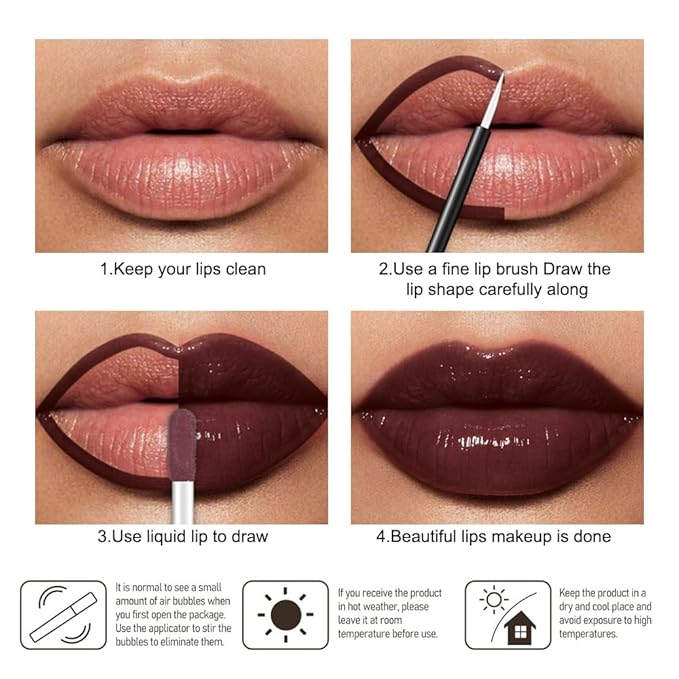 evpct Brown Eggplant Purple Shiny Glossy Longwear No-Budge Liquid Lip Color Lipstick Makeup, Highly Pigmented Color Instant Shine, Waterproof Long Lasting Lipstick Lip Stain Gloss with Lip Liner Brush