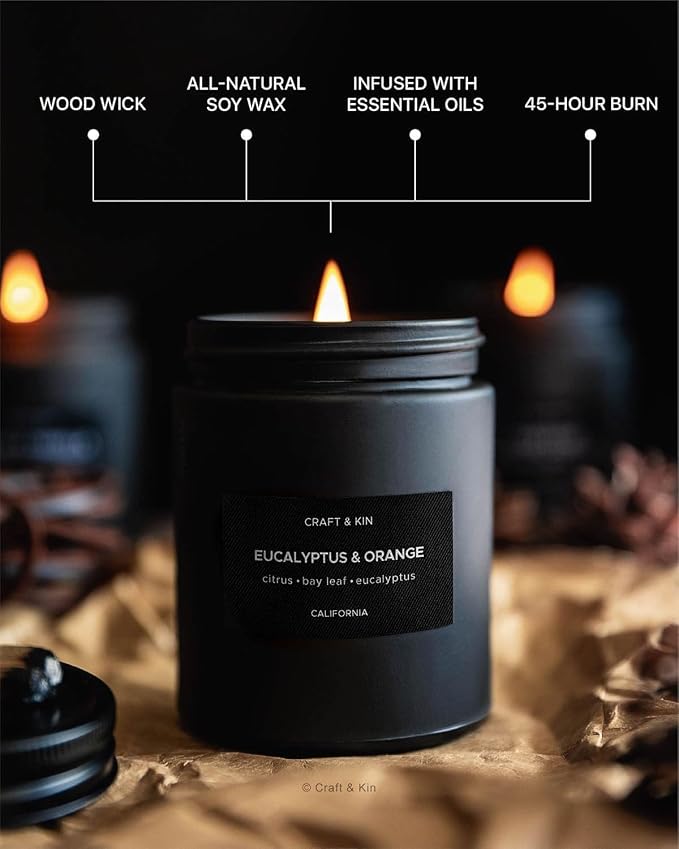 Craft & Kin Premium Orange & Eucalyptus Scented Candle – Long Lasting, 45 Hour Burn Time – Luxury Black Natural Soy Scented Candle for Men with Wood Wick – Room Decor and Aromatherapy – 7.6 oz