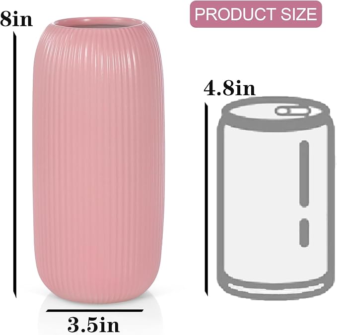 Ceramic Vase for Flowers – Modern Small Ribbed Textured Flower Vase for Home Decor, Pampas Grass, Decorative, Farmhouse, Coffee Table, Kitchen Centerpieces, Bookshelf and Home Living (Pink)