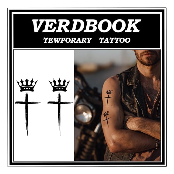Waterproof Temporary Tattoos: 2-Sheet Tattoo Kit with Realistic Body Stickers, Semi-Permanent Tattoos for Adults Lasting 7-15 Days – Safe for Men & Women, Crowned Crucifix