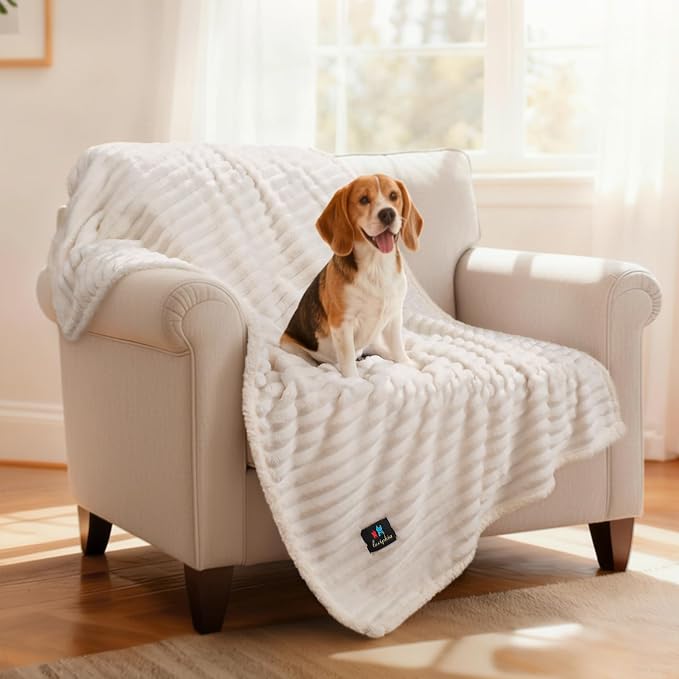 Luciphia Waterproof Dog Blanket, Washable Reversible Flannel Pet Throw | Reversible fleece cover for couch, bed, and crate; calming, and claw-resistant for dogs, cats, puppies White M(57''x40'')