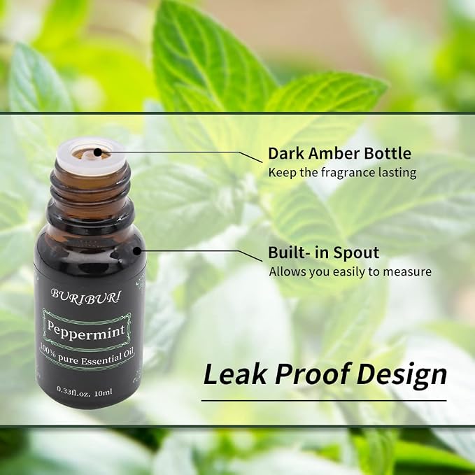 BURIBURI Peppermint Essential Oil 100% Pure, Undiluted, Natural, Organic Aromatherapy Mint Essential Oils 10ML for Diffuser, Soap Candle Making
