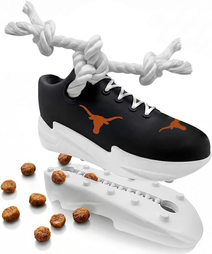 NCAA Texas Longhorns Cleat Sneaker Spike Dog Toy, Treat Dispenser Chew Toy for Dogs, Interactive Rope Tug Toy, Slow Feeder Natural Rubber Dog Toy with Official Team Logo for Puppies & Adult Dogs