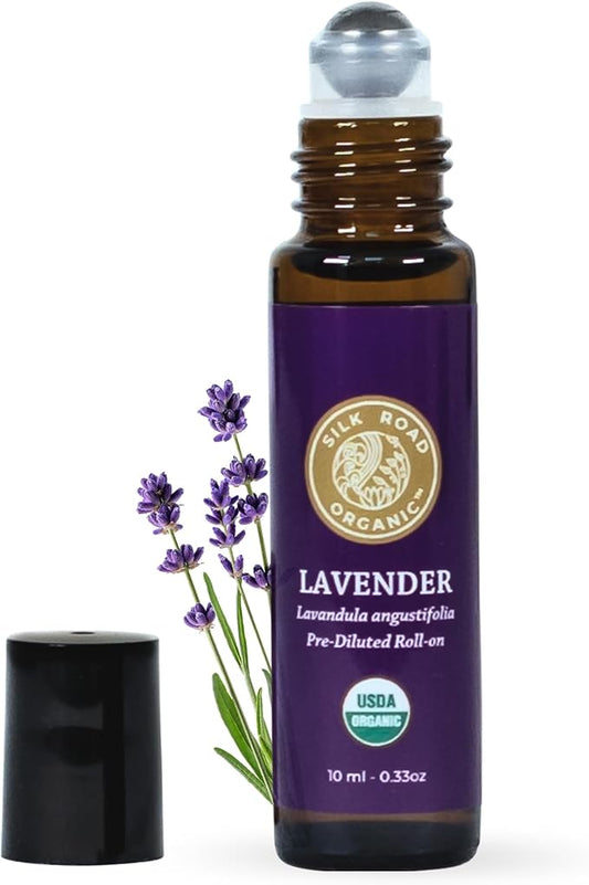 Silk Road Organic Lavender Essential Oil Roll On, USDA Certified, Calming, Relaxation & Sleep - 10 ml Aromatherapy Roller