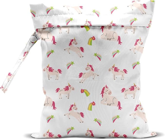 Unicorn Wet Dry Bag 12x10 Inch, Waterproof Reusable Wet Bag with Two Zippered Pockets & Handle for Swimsuit Travel Beach Pool Gym Stroller Dirty Yoga Gym Clothes Toiletries Daycare Organizer