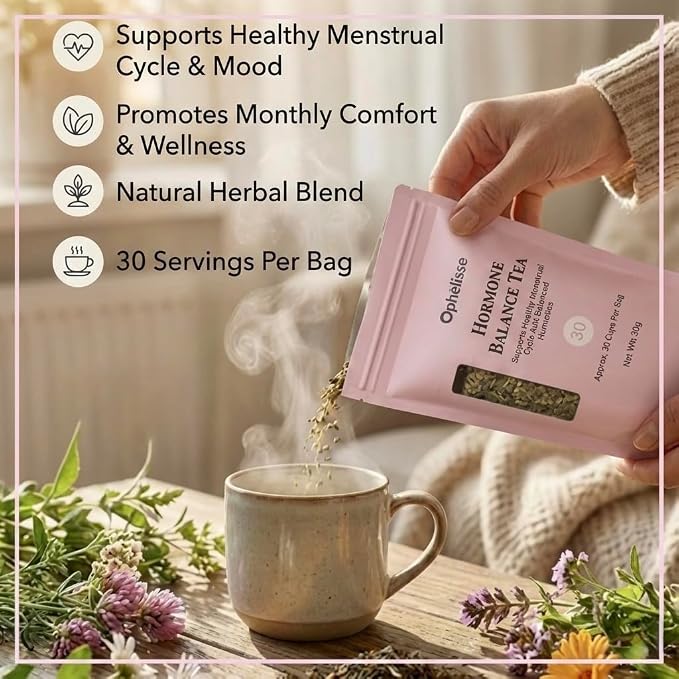 Ophelisse Hormone Balance Tea for Women — 8-Herb Loose Leaf Blend with Red Raspberry Leaf & Spearmint — PMS, Period Cramp, Mood & Bloating Support — Natural Plant-Based Herbal Wellness Tea 30 Servings