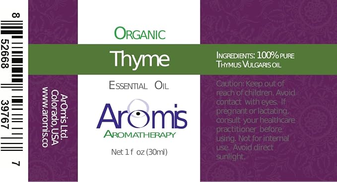 ArOmis Organic Thyme Essential Oil - 100% Pure Therapeutic Grade - Undiluted, Premium Oil - 150 Micron Filtered, Perfect for Aromatherapy Diffusers (10ml / .34 fl oz)