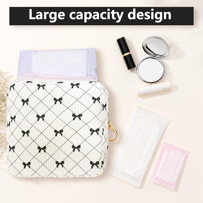 Period Bag for Girls, Corduroy Period Kit with Sanitary Pad Pouch, Menstrual Storage Bag and Tampon Holder for Purse, Girls School Essentials,Feminine Care Organizer(Black Bow)