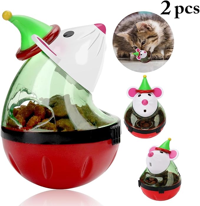 2Pcs Cat Christmas Treat Balls with Tumbler Mouse Toy, Dispenser for Snacks and Dry Kibble, Pet Enrichment Play Ball for Cats
