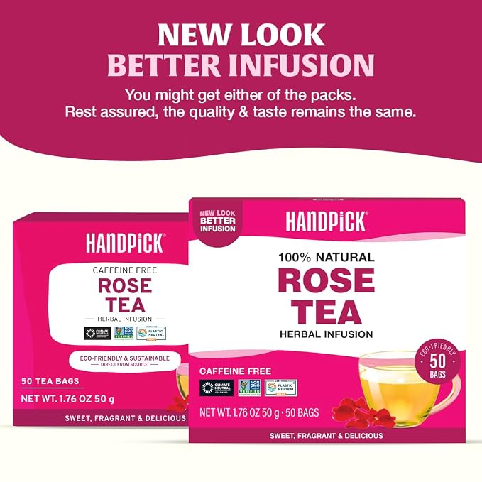 HANDPICK, Rose Buds Herbal Tea Bags - 50 Count | Caffeine Free Rose Tea with Chamomile & Tulsi | Floral & Smooth | Round Eco-conscious Tea Bags