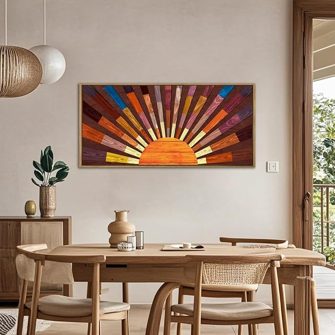 IARTTOP Extra Large Wood Sun Framed Wall Art 20x40 Inch Boho Sunrise 3D Geometric Wall Decor Mid century Sunshine Painting for Living room Bedroom Dining room Single