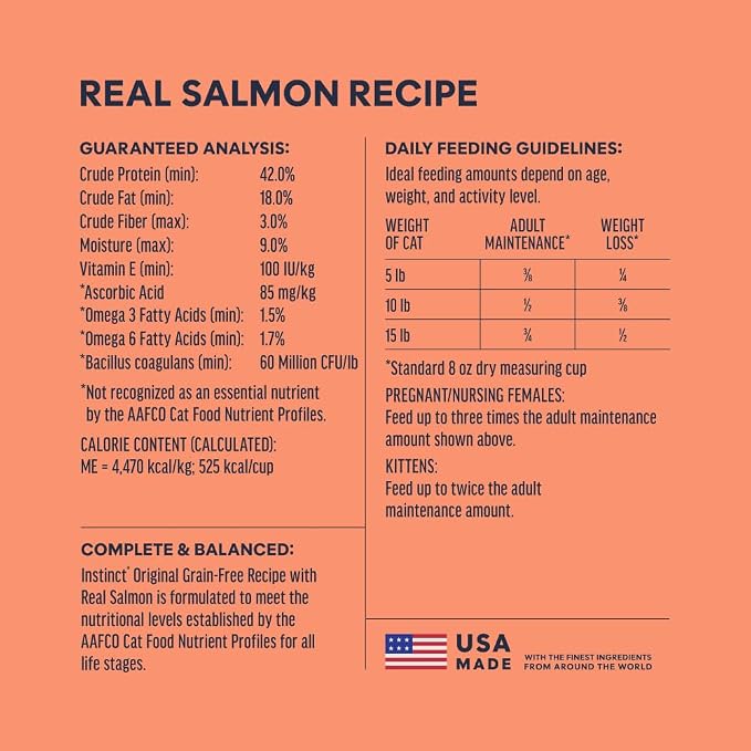 Instinct Original Dry Cat Food, Raw Coated Kibble, Real Salmon, 4.5 lb. Bag | Raw-coated kibble with wild-caught salmon for strong muscles, digestive health, and healthy skin & coat, grain-free