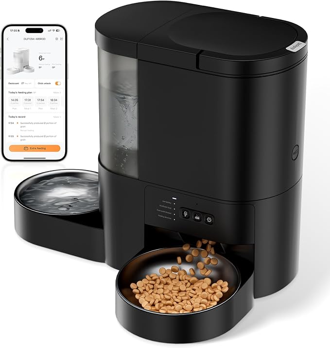 Automatic Cat Feeder and Water, 5G WiFi App Control Cat Dry Food Dispenser | 2-in-1 Auto Cat Feeder, 10s Voice Recording, 4L Food & 3L Gravity Waterer, 10 Meal 1-15 Portion Programmable for Multiple Pet