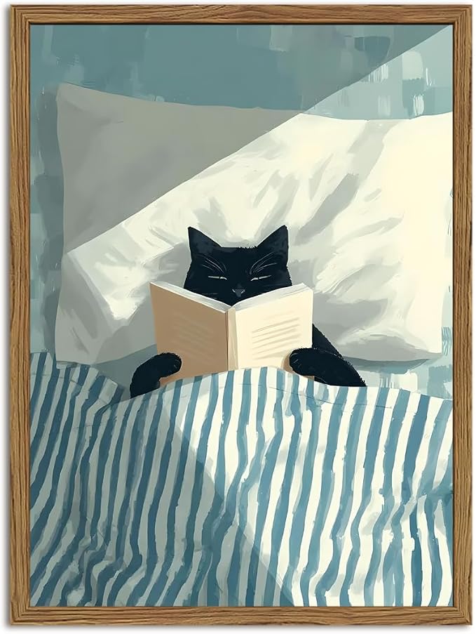 Framed Funny Black Cat Wall Art, Whimsical Cat in Stripe Bed Reading Wall Decor Painting Cute Animal Book Lover Poster Canvas Print for Bedroom Living Room 12x16 inch Wood Framed