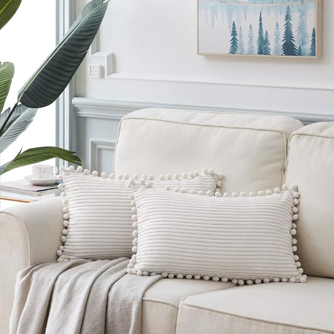 Fancy Homi 2 packs Cream White Boho Decorative Throw Pillow Covers with Pom-poms, Soft Corduroy Solid Square Cushion Cases Set for Living Room Couch Sofa Bedroom Car (12x20 Inch/30x50 cm, Cream White)