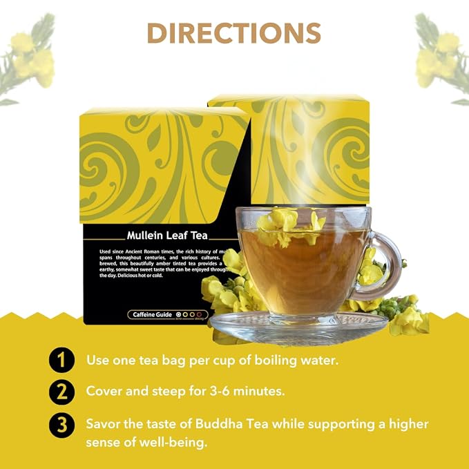 Buddha Teas - Mullein Leaf - Organic Herbal Tea - Single Ingredient - Warm Amber Hue - Mild, Earthy, Sweet Taste - Enjoy Hot or Cold - Caffeine Free - 100% Kosher & Non-GMO - 18 Tea Bags (Pack of 1)