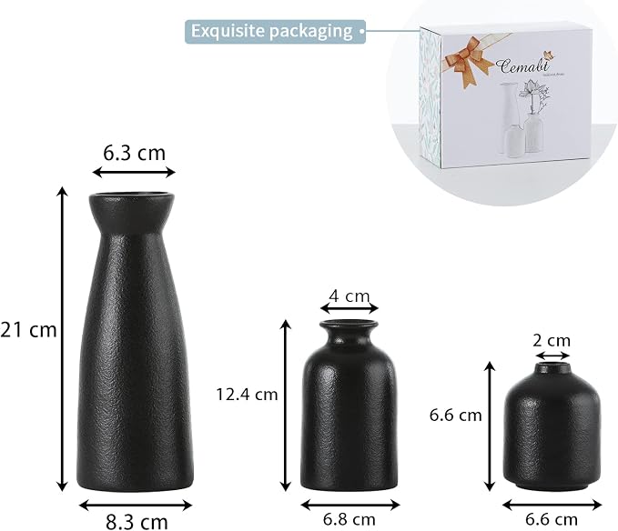 CEMABT Black Ceramic vase Set-3 Small Flower vases for Decor,Modern Boho Farmhouse Home Decor,Decorative vase for Pampas Grass&Dried Flowers,idea Shelf,Table,Bookshelf ，Entryway- Distressed