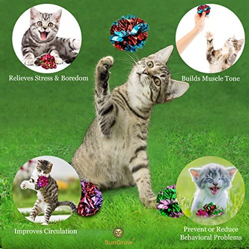 SunGrow 12 Pack Cat Crinkle Balls - 2 Inch Toys for Indoor Pets - Keep Your Feline Energetic & Excited with Vibrant Colors, Lightweight Design for Long-Lasting Fun, Perfect for Playtime