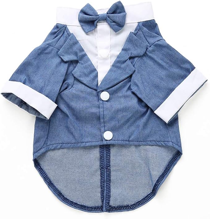 GabeFish Pets Wedding Jackets Suit for Dogs with Bow Tie Puppy Cat Formal Clothes Shirt Tuxedo (Blue, L (Chest 17.3in/44cm)