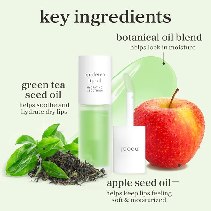 NOONI Korean Lip Oil - Appletea | Long-Lasting, Moisturizing, Plumping, Revitalizing for Dry Lips, Waterproof, No Peel Off, Hydrating, Nourishing Crystal Clear, Stocking Stuffers, 0.12 FL Oz