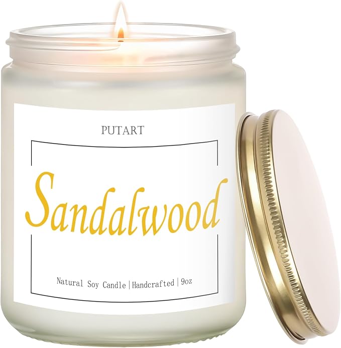 Sandalwood Scented Candles for Home, Natural Soy Wax Aromatherapy Santal Candle Gifts for Women & Men, Handmade Highly Scented & Long Lasting Non Toxic Jar Candle for Stress Relief (9oz