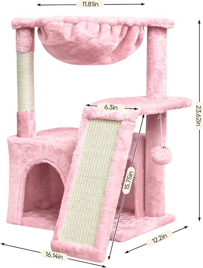 SYANDLVY Cat Tree for Indoor Cats Large Adults, Modern Activity Tower with Scratching Posts & Board, Condo with Plush Perch, Climbing Stand with Cradle & Hanging Ball for Play, Pink