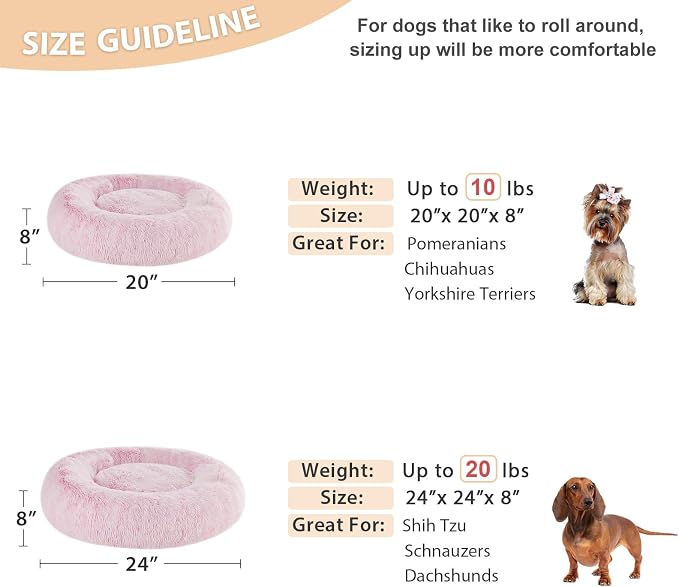 WNPETHOME Small Pink Round Calming Dog Bed Cat Bed for Comfy Sleep | Dog Beds For Small Dog, Cute Washable Puppy Bed with Fluffy Plush, Faux Fur Anti Anxiety Pet Bed Donut Cuddler (24x24x8 Inch)
