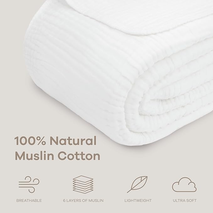 Comfy Cubs Adult Muslin Blanket 50x60” Throw Swaddle Blankets, White | 6 Layer Soft, Breathable & Lightweight Muslin Adult Blanket - Machine Washable & Designed in the US Bedding for All Seasons