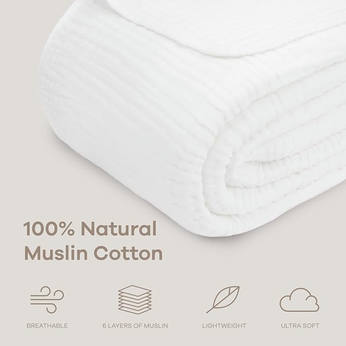 Comfy Cubs Adult Muslin Blanket 90x90” Queen Swaddle Blankets, White | 6 Layer Soft, Breathable & Lightweight Muslin Adult Blanket - Machine Washable & Designed in the US Bedding for All Seasons