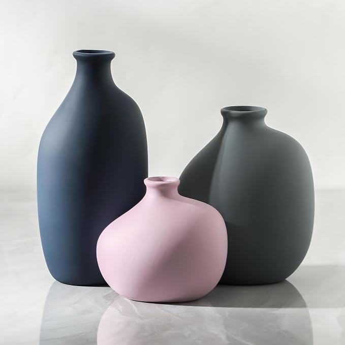 Small Ceramic Vase Set of 3, Modern Decorative Pottery Vases | Three different shapes with matte finishes, perfect for shelves, tabletops, dried flowers and stylish room accents.