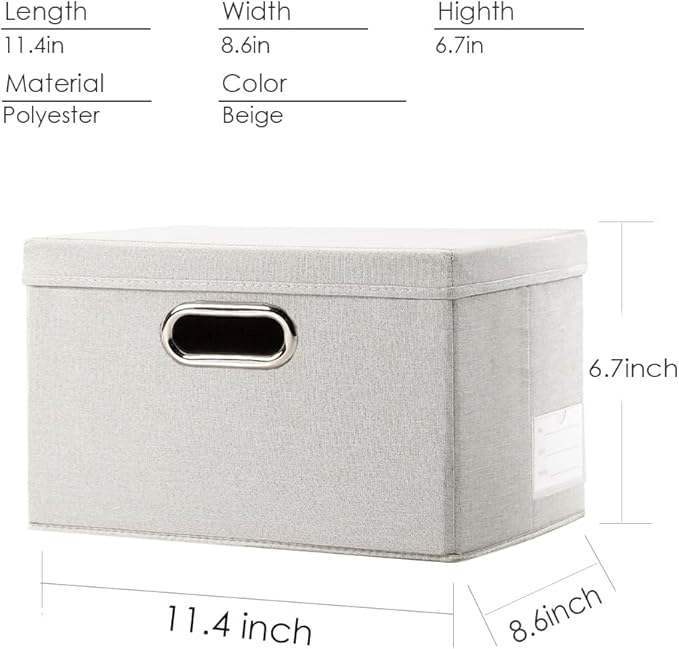 Storage Bins with Lids [3-Pack] Linen Fabric Foldable Storage Boxes Organizer Containers Baskets Cube with Cover for Bedroom Closet Office Beige（11.4X8.6X6.7