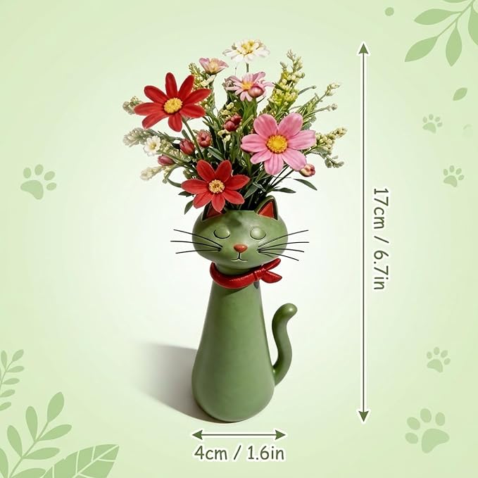 Quirky Cat Vase, Funny Cat Paw Vase for Desk and Shelf Decor, Unique Flower Vase for Small Bouquets, Whimsical Cat Planter in Green