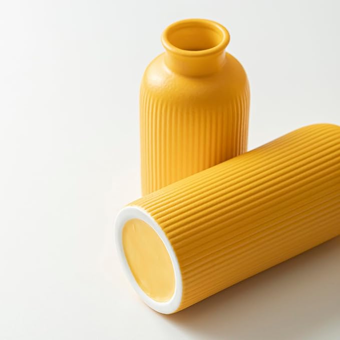 Modern Ceramic Vase Set, Yellow Ribbed Matte Design, 3-Piece Decorative Vases for Home, Living Room, Office (Yellow)
