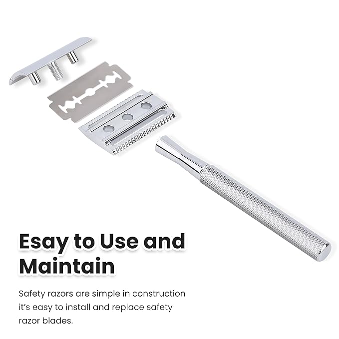 KEROPY Single Blade Safety Razor With 10 Premium Stainless Steel Blades Double Edge Safety Razors For Men, Smooth Wet Shave Experience, Glossy Silver