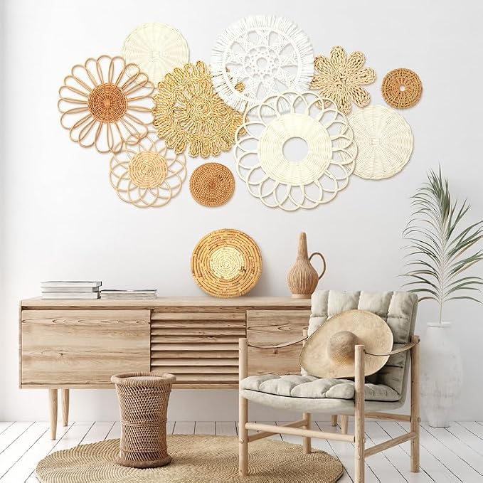 Tatuo 11 Pcs Boho Wall Basket Decor Bulrush Woven Wall Hanging Art Round Farmhouse Rustic Handmade Wicker for Summer Home, Bedroom, Living Room, Kitchen Decorations, Multi Sizes(Novel)