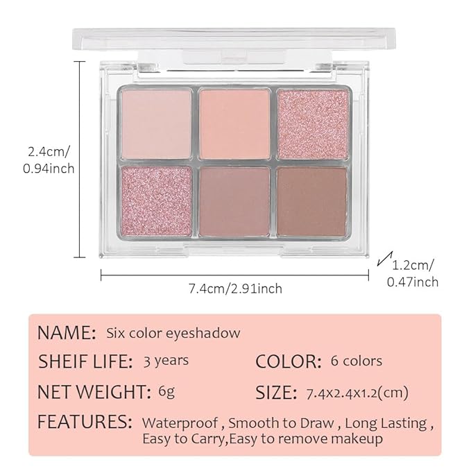 6 Colors Glitter Matte Eyeshadow Palette,Natural Nude Brown Rose Gold Coffee Sparkly Eye Shadow Makeup,Warm Pastel Eyeshadows Palette Long Lasting Waterproof Naturing-Looking Women Girls Eye Shadow 01