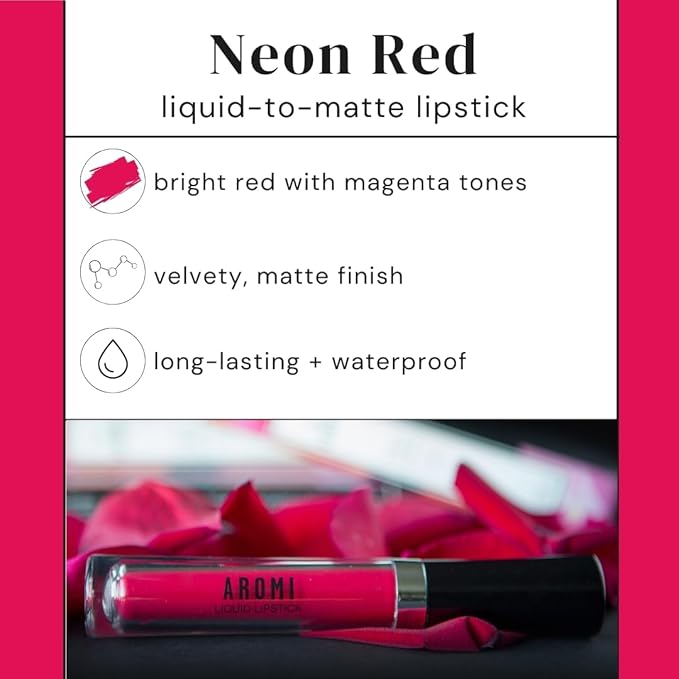 Aromi Magenta Red Matte Liquid Lipstick | Long-lasting, Bright Lip Color for Women, Vegan, Waterproof, Gluten Free (Neon Red)