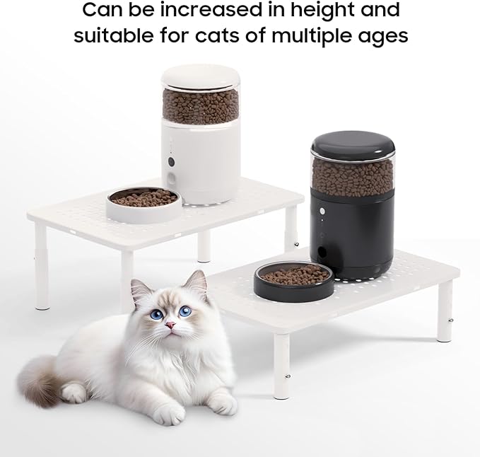 W‌SOWX Adjustable Automatic Cat Feeder Stand, Elevated Cat Food Stand,White | Lifted Cat Food Table Station,Raises Feeder/Bowls by 4.1"/4.9"/5.7",Relieves Spine and Joints Noticeably on Pets-Sturdy Metal