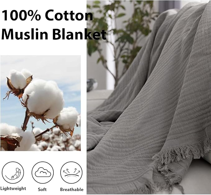 Simple&Opulence Cotton Muslin Throw Blanket for Bed, Couch, Knit Woven Gauze Blanket with Tassels, Soft Lightweight Cozy Pre-Washed Breathable Farmhouse Decoration for All-Season (Grey)
