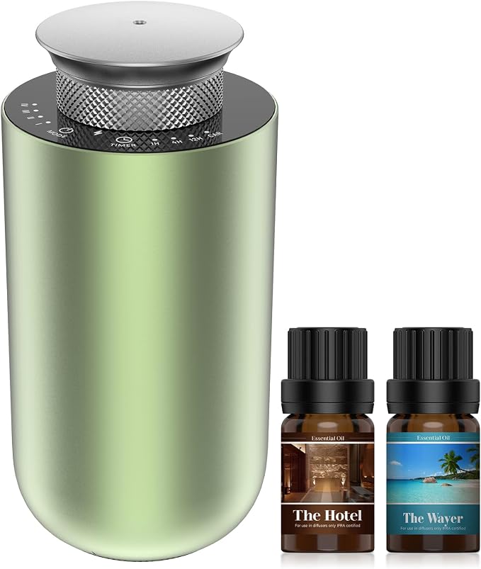 2026 Upgraded Rechargeable Waterless Car Scent Diffuser Kit, Includes 2 Premium Oils, Auto On/Off, 4 Mist Levels & Timers, Portable Aromatherapy Diffuser for Hotel,Home,Room,Studio,Office - Green