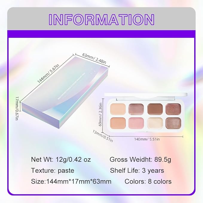 Kaely 8 Colors Cream Eyeshadow Contour Highlighter Palette Makeup, Nude Rose Pink Chocolate Coffee Beige Brown Matte Shimmer Glitter Highly Pigmented Eye Shadow Palette for Older Women Waterproof