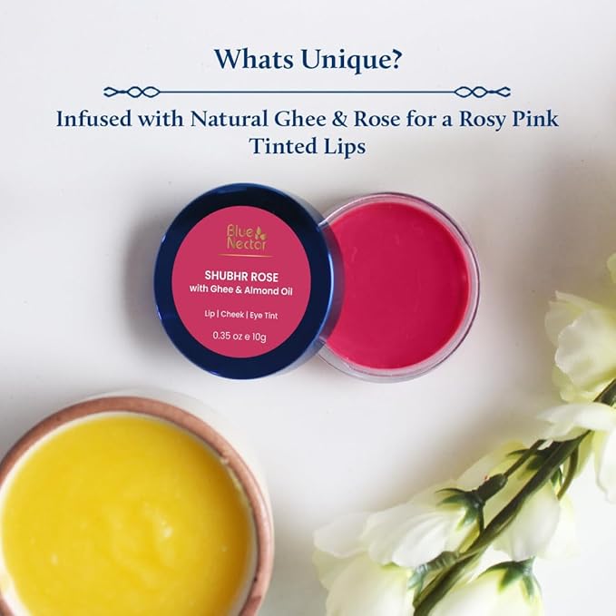 Blue Nectar Lip Tint Balm for Rosy Pink Tinted Lips | Natural Lip Tint for Dark Lips with Organic Ghee & Shea Butter | Long Lasting Lip Mosturizer (0.35 Oz)