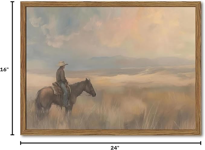 Vintage Western Cowboy Wall Art Cowboy on Horse Wall Decor Paintings, Southwestern Landscape Poster Canvas Prints for Bedroom Farmhouse Living Room 16x24 inch Wood Framed