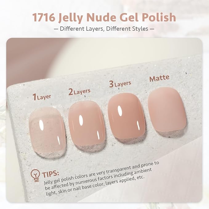 GAOY Jelly Nude Gel Nail Polish, 16ml Sheer Natural Translucent Gel Polish, UV Light Cure for Nail Art DIY, 1716 Neutral Nude
