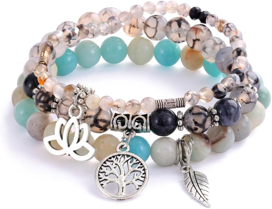 UEUC Tree of Life Yoga Healing Stone Bracelets,Multilayer Lotus Chakra Stone Reiki Bracelet Sets,Anxiety Crystal Natural Stone,for Women Stress Relief