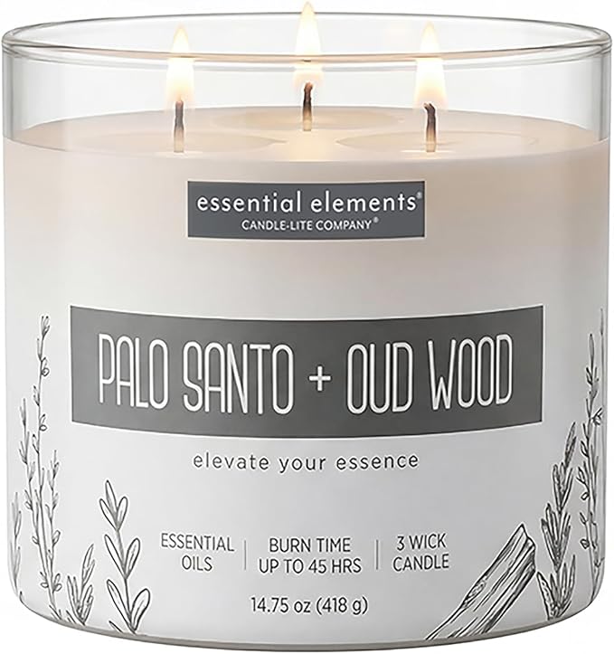 Candle-lite Essential Elements Scented Candles, Palo Santo & Oud Wood, 14.75 oz Jar, Proudly Poured in the USA, Aromatherapy, 3-Wick with 45 Hours of BurnTime, Perfect for Creating a Relaxing Ambiance