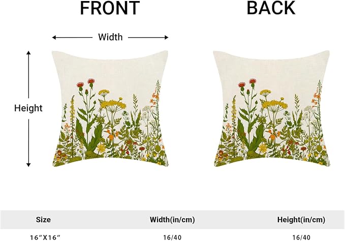 AEIOAE Yellow and Green Pillow Covers 16x16 Inch Set of 2, Spring Wildflower Plant Throw Pillows Case,Seasonal Floral Outdoor Decorative Flowers Farmhouse Decor Cushion Covers for Home Sofa Bed Couch
