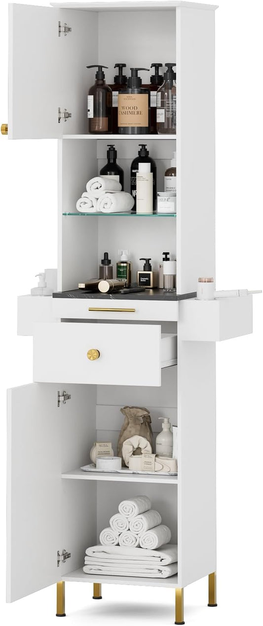 Salon Stations for Hair Stylist, Barber Station w/Glass Shelf & Golden Handles, Hair Salon Station Beauty Salon Spa Equipment w/6 Hair Dryer Holders, 2 Storage Cabinet & Drawers(White)
