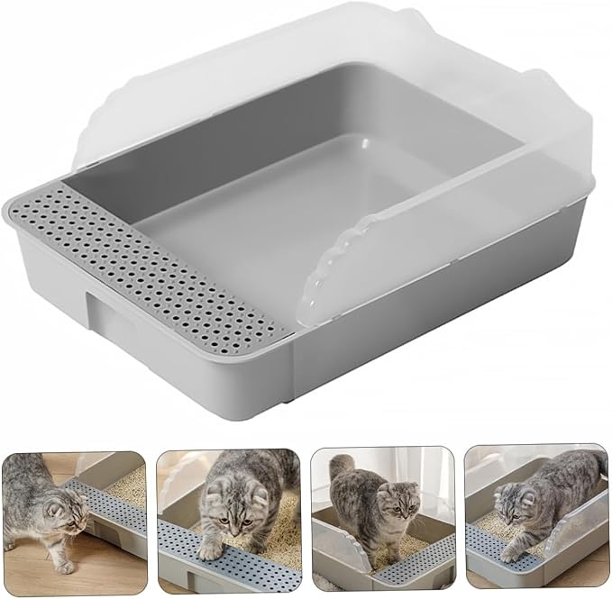 SUPVOX Cat Litter Pan Toilet Semi-Enclosed Anti-Splash Resistant Plastic Litter Box with Removable Cover Small Gray for Kitten Housebreaking and Indoor Use